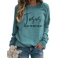 Women's dark teal crewneck sweatshirt with black Jesus Bible verse print and casual style - S / Grey Blue (Black Font)