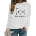 White long-sleeved Jesus printed crewneck sweatshirt for women in casual loose fit - S / White