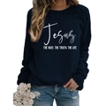 Dark blue crewneck sweatshirt with white Jesus script print and casual denim styling - S / Navy Blue