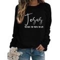 Women's black crewneck sweatshirt with white Jesus script and blue jeans - S / Black