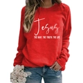 Women's crewneck sweatshirt in vibrant red with white Jesus quote print for autumn style - S / Red (White Font)