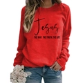 Women's red crewneck sweatshirt with black Jesus religious print and soft cotton fabric - S / Red (Black Text)