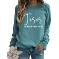 Women's crewneck sweatshirt in dark teal blue with Jesus slogan print and long sleeves - S / Grey Blue (White Font)