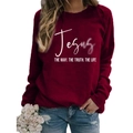 Women's dark red Jesus print crewneck sweatshirt with long sleeves in casual style - S / Burgundy