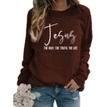 Women's brown crewneck sweatshirt with Jesus lettering and blue jeans outfit - S / Coffee