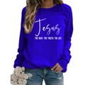 Women's bright blue crewneck sweatshirt with Jesus religious print in casual fit - S / Blue