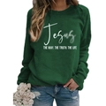 Deep green crewneck sweatshirt with white Jesus script and religious print - S / Green