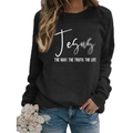 Women's black crewneck sweatshirt with white Jesus artistic print and religious quote - S / Dark Gray