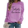 Lavender purple long sleeve sweatshirt with black Jesus quote and distressed jeans - S / Purple