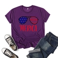 Flat lay of purple cotton T-shirt with 'MERICA American flag sunglasses print - S / Independence Day Sunglasses Print / Purple
