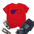 Red Independence Day T-shirt with aviator sunglasses print and Merica text graphics - S / Tops / Red