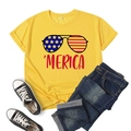 Yellow Independence Day t-shirt featuring USA flag sunglasses and 'MERICA print - S / Tops / Yellow