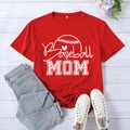 Women's red Baseball Mom t-shirt paired with denim jeans and white canvas shoes - Red