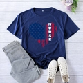 Dark blue women's nurse heart t-shirt with US flag print and casual summer style - S / Navy Blue (White Font)