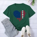 Dark green nurse t-shirt with American flag heart print in XXL size on white wood - S / Vintage Green (White Font)