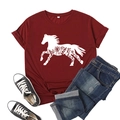 T-shirt rouge foncé à col rond avec imprimé cheval floral blanc et style décontracté - 3XL / Bordeaux