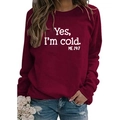 Women's burgundy long sleeve sweatshirt featuring white Yes I'm Cold 24:7 slogan print - S / Wine Red (White Font)