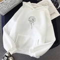 Flat lay of a white drawstring hoodie featuring a black minimalist rose flower print - S / Top (Floral Print) / White