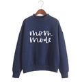 Detail of MOM MODE print and ribbed cuffs on navy blue mock neck sweatshirt for women - Royal Blue