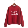 Red long sleeve pullover sweatshirt with white Mom Mode print and high round neck - Red