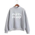 Close-up of MOM MODE white lettering on gray high neck long sleeve sweatshirt - Gray