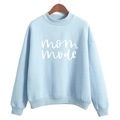 Close-up of mom mode print on light blue cotton sweatshirt with ribbed cuff details - Light Blue