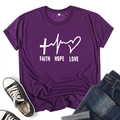 Detail of purple Faith Hope Love T-shirt paired with ripped jeans and sneakers - S / Purple