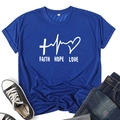 Detail view of Faith Hope Love graphic print on a blue cotton short sleeve T-shirt - S / Royal Blue
