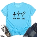 Close-up of Faith Hope Love graphic print on light blue cotton crew neck T-shirt - S / Light Blue