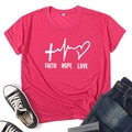 Flat lay of pink Faith Hope Love t-shirt with cross heart print and denim jeans - S / Rose Red