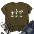 Detail of army green t-shirt with Faith Hope Love print and heart cross graphic - S / Army Green