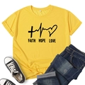 Faith Hope Love printed yellow short sleeve T-shirt with religious graphics for casual wear - S / Yellow