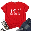 Detail of red short sleeve T-shirt featuring white Faith Hope Love cross and heart print - S / Red