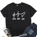 Detailed flat lay of black cotton T-shirt featuring white Faith Hope Love graphic print - S / Black