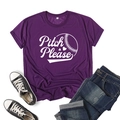 Close-up of Pitch Please baseball graphic print on a purple short sleeve cotton t-shirt - Purple