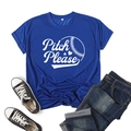 Flat lay of blue Pitch Please baseball print t-shirt with jeans and sneakers - Royal Blue