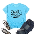 Flat lay of sky blue cotton t-shirt featuring black Pitch Please baseball text graphic - Light Blue