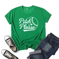 Flat lay of green cotton t-shirt with Pitch Please baseball print and denim jeans - Green