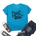 Close-up of Pitch Please baseball print on a bright blue cotton short sleeve T-shirt - Peacock Blue