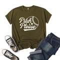 Flat lay of army green cotton t-shirt with Pitch Please baseball print and blue jeans - Army Green