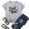 Flat lay of grey Pitch Please t-shirt with baseball heart graphic and denim jeans - Gray