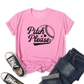 Pink cotton t-shirt with Pitch Please baseball print paired with jeans and shoes - Pink