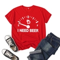 Detail of red cotton T-shirt featuring I Need Beer fuel gauge print with canvas shoes - S / Red