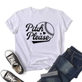 White short-sleeve T-shirt with Pitch Please baseball print and stylish denim outfit - White