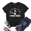 Women's black cotton t-shirt with 'I Need Beer' graphic print, laid flat with jeans - S / Black