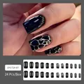 24-piece set of French style black press-on nails with silver giraffe patterns - Jelly Glue + Stick + File / DY1724-G Black Leopard Print