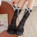 Chaussettes mi-mollet en résille noire style ballet avec nœud en dentelle blanche - Taille unique / Noir