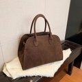 Retro dark brown suede tote bag with large capacity and double top handles - Large (No Strap) / Brown