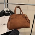 Caramel brown suede tote bag featuring matte finish and vintage top handle design - Large / Brown