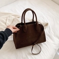 Large dark brown suede tote bag with dual handles and adjustable shoulder strap - Small / Brown